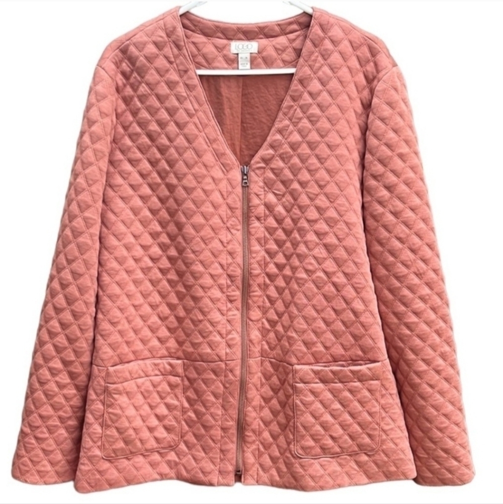 LOGO Lori Goldstein Salmon Quilted Zip Front Jacket Women's XS V-Neck Warm EUC